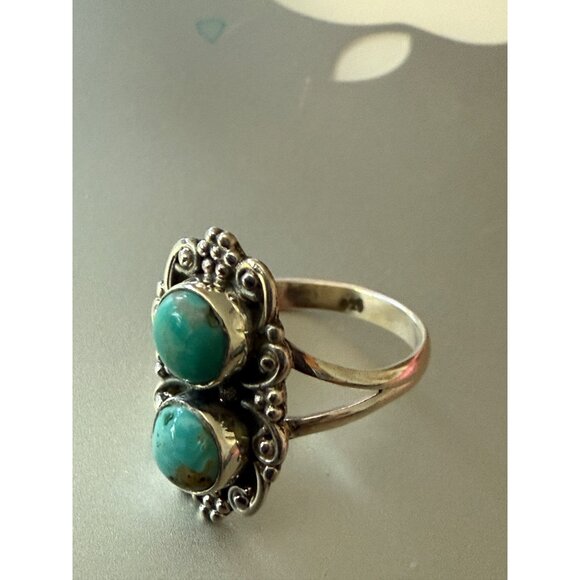 Double Turquoise Stone 925 Sterling Silver Ring Size 7 - Picture 7 of 7